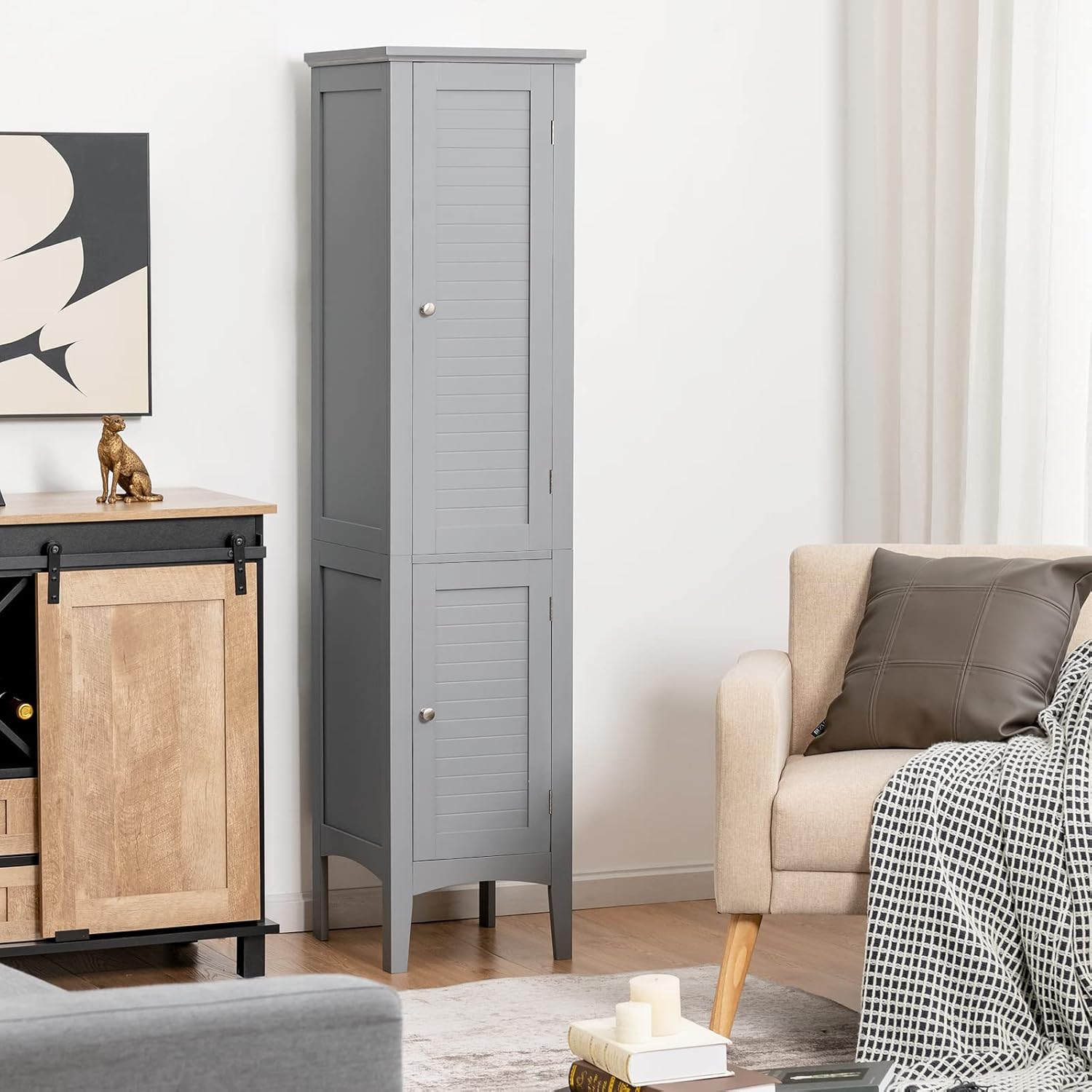Slim Bathroom Tall Cabinet 2 Door 5 Tier Shelf Unit Grey