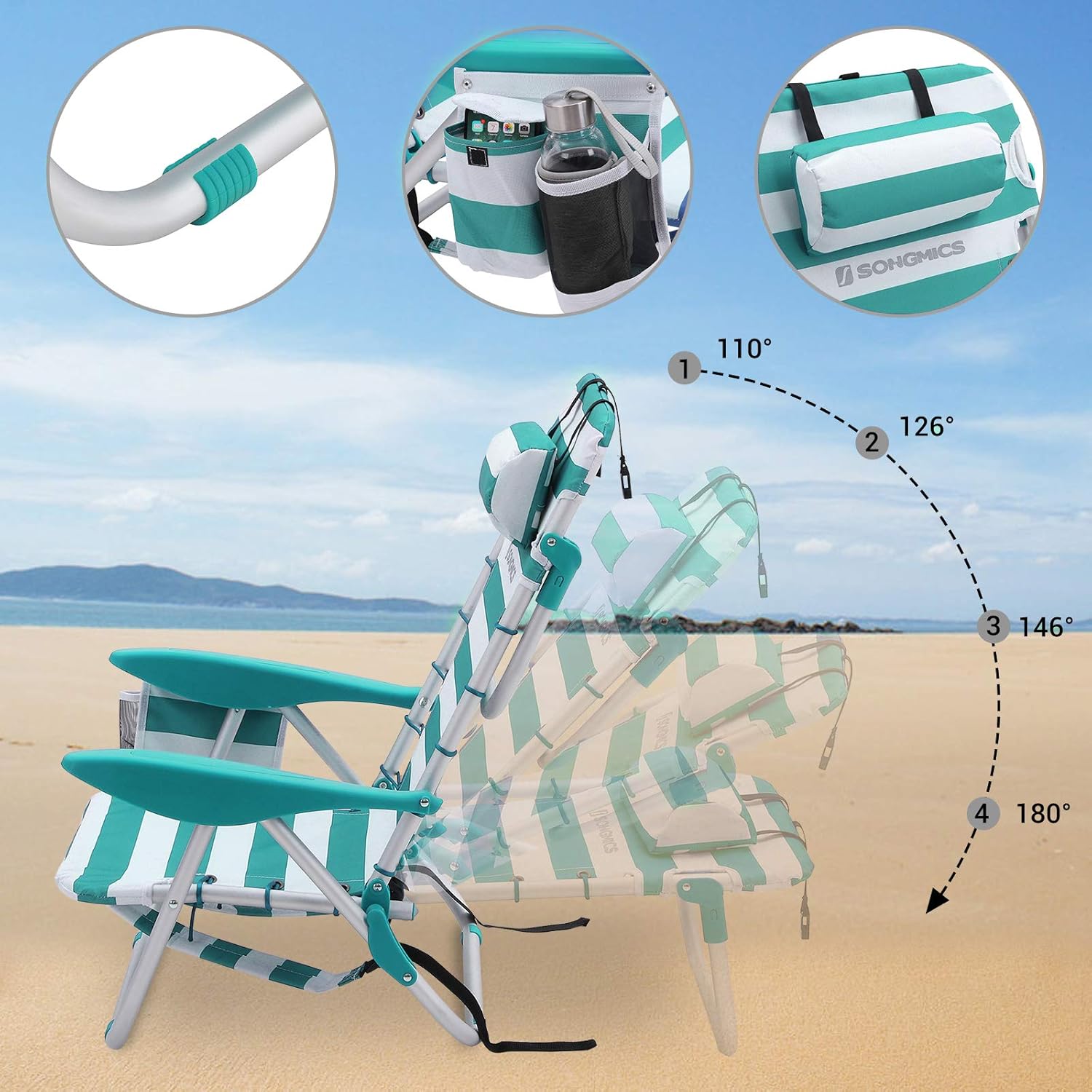 Portable Beach Chairs Set of 2 Reclining Foldable Seats
