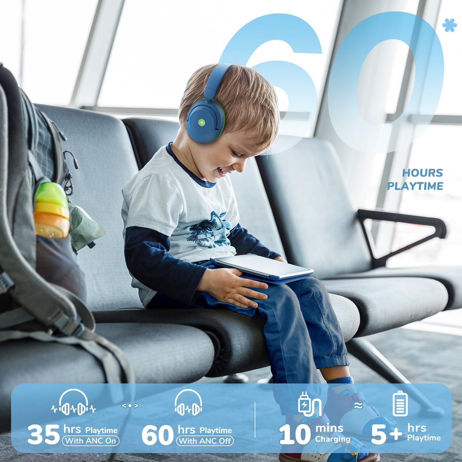 Kids Bluetooth ANC Headphones Safe Volume 60 Hour Battery