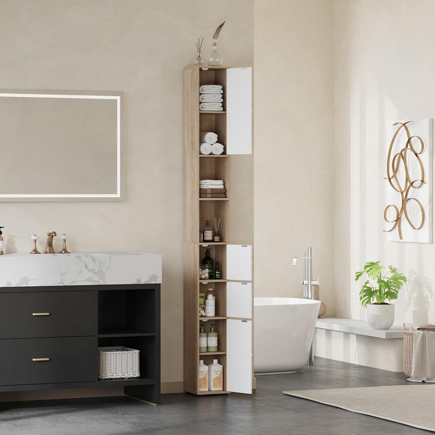 Tall Slim Bathroom Storage Cabinet White Walnut Door Unit
