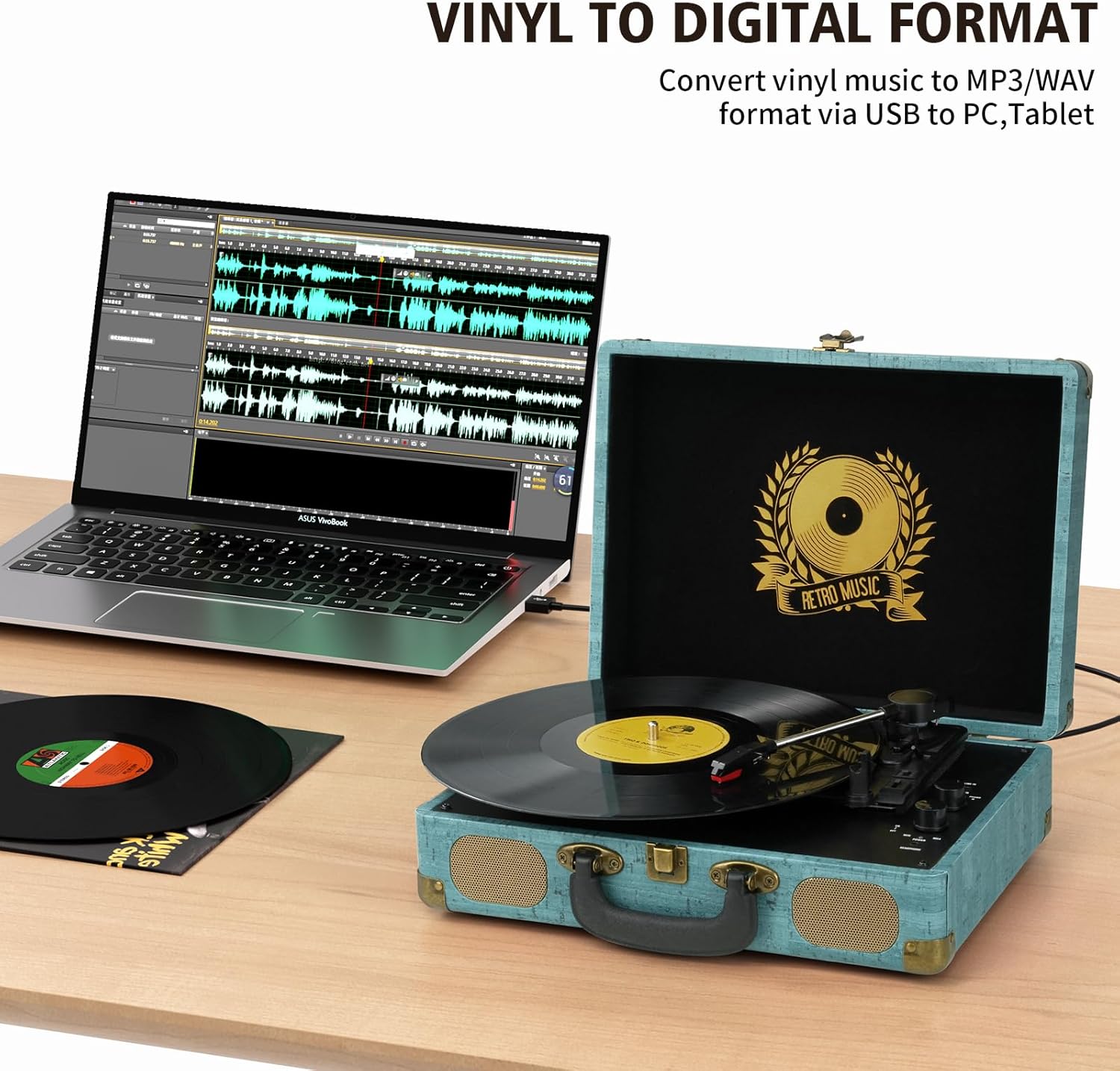 3-Speed Bluetooth Vinyl Record Player Portable Suitcase Turntable Military Green