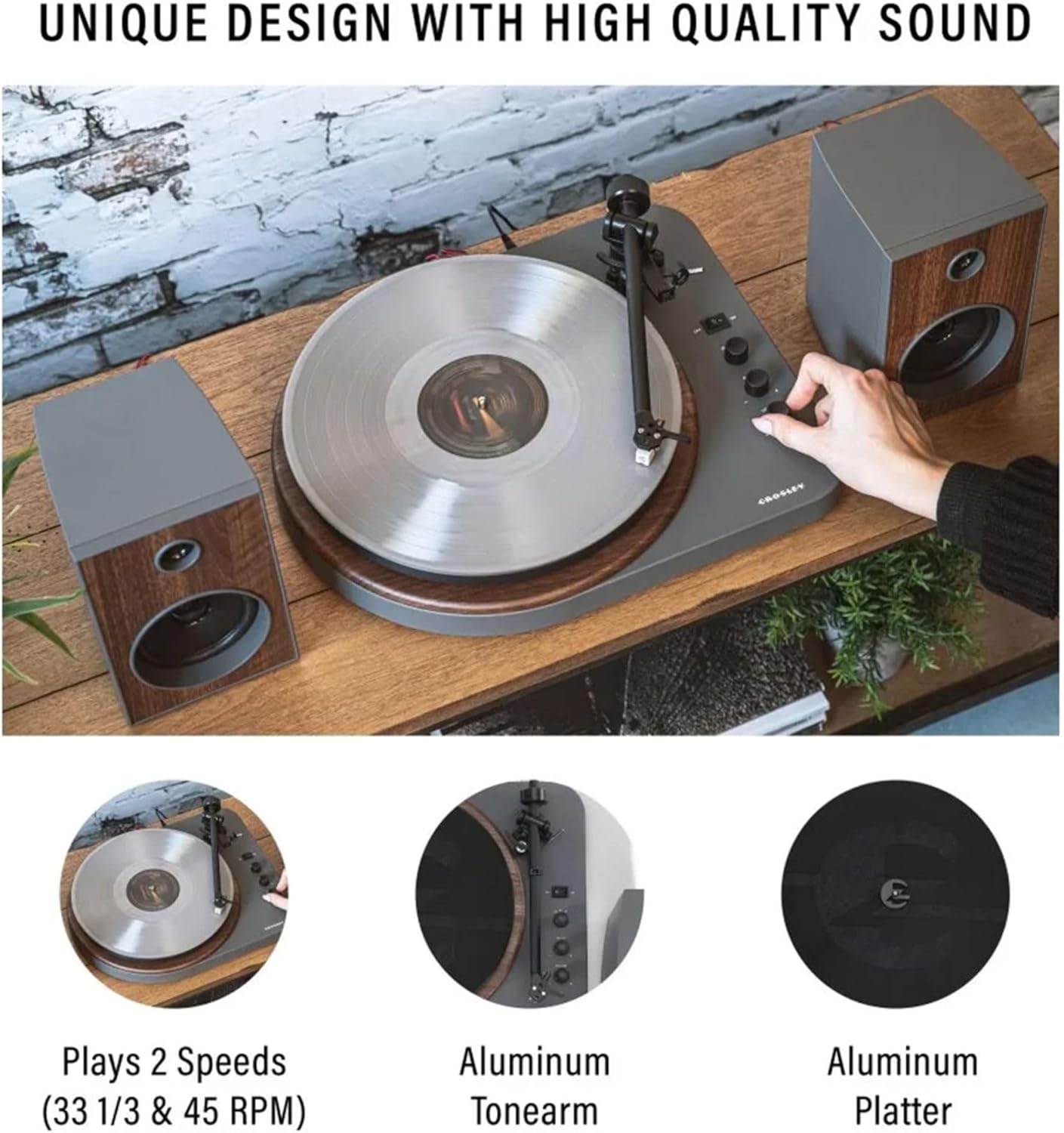 Bluetooth Record Player with 24W Speakers Walnut Grey