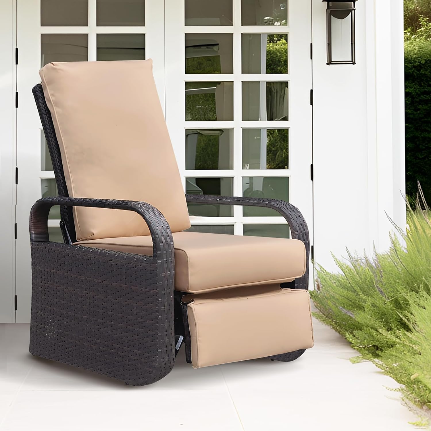 Wicker Garden Recliner Chair Khaki Cushion with Cover