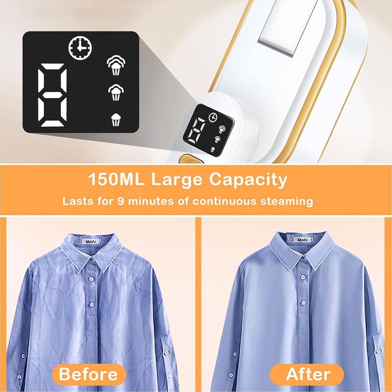 Travel Garment Steamer 1300W 10s Heat LCD 2in1 Foldable