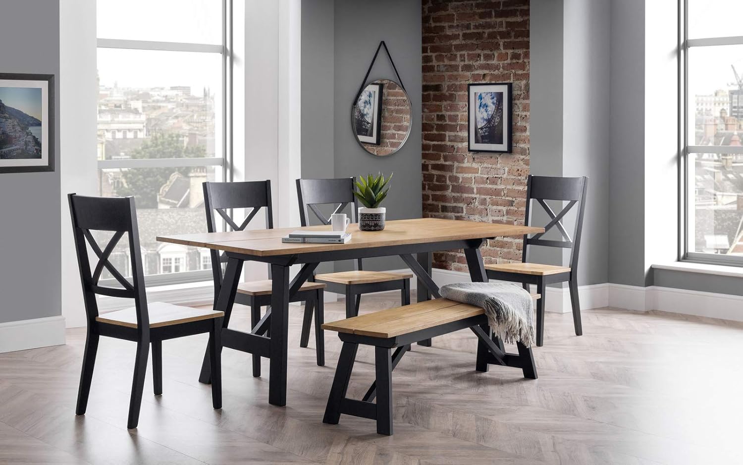 Industrial Dining Bench Oak Seat Black Metal Frame 140cm