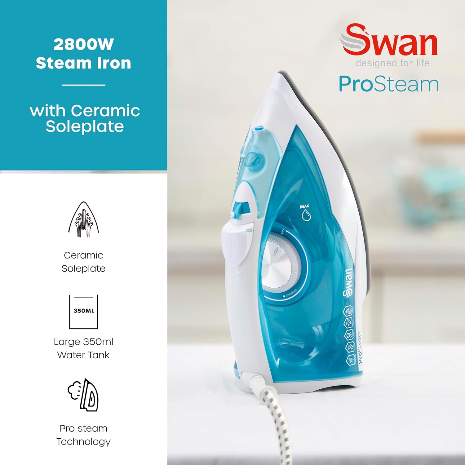 2800W Steam Iron Ceramic Soleplate 350ml Tank Anti Drip Anti Calc
