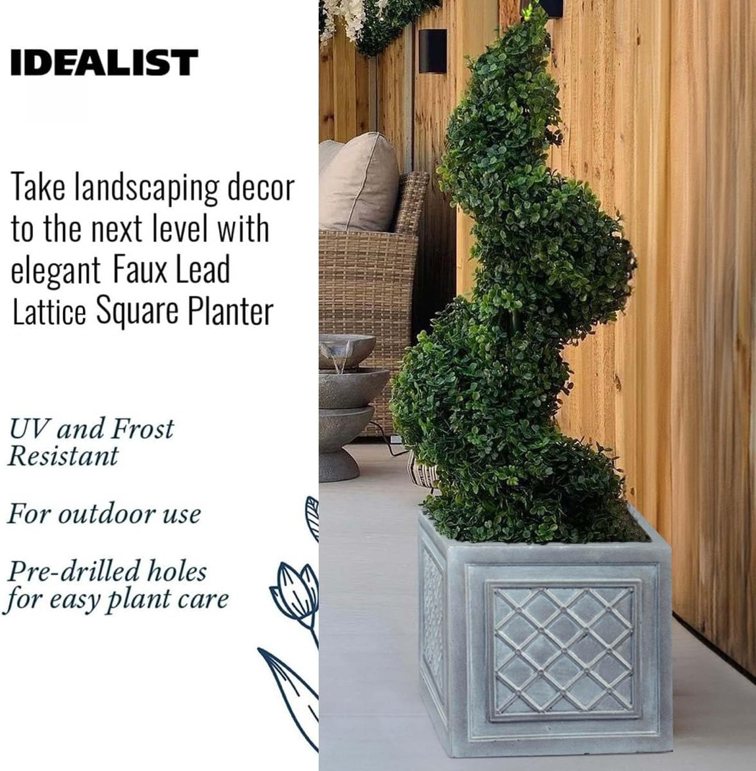 37cm Square Planter Grey Lattice Stone Effect Garden Pot