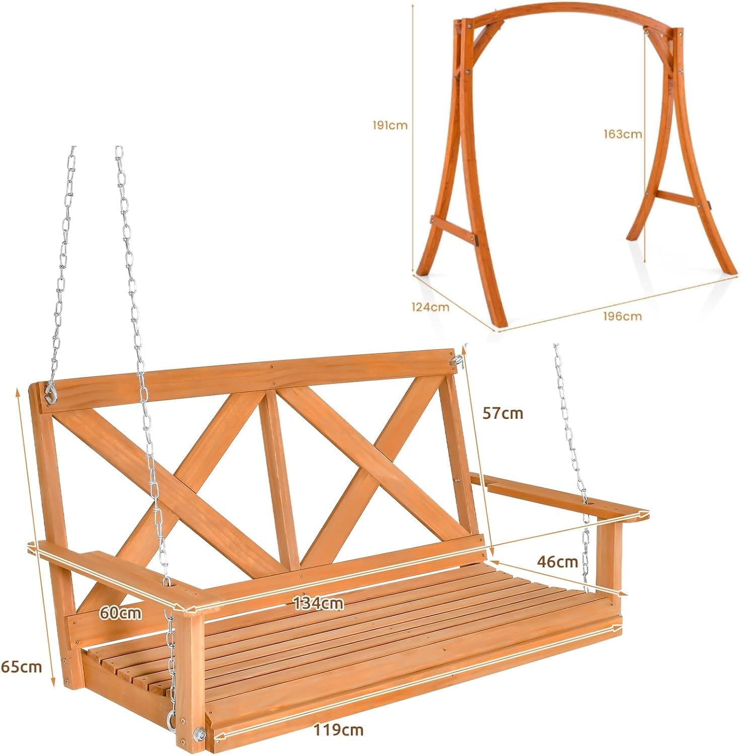2 Seater Wooden Garden Swing Chair with Stand