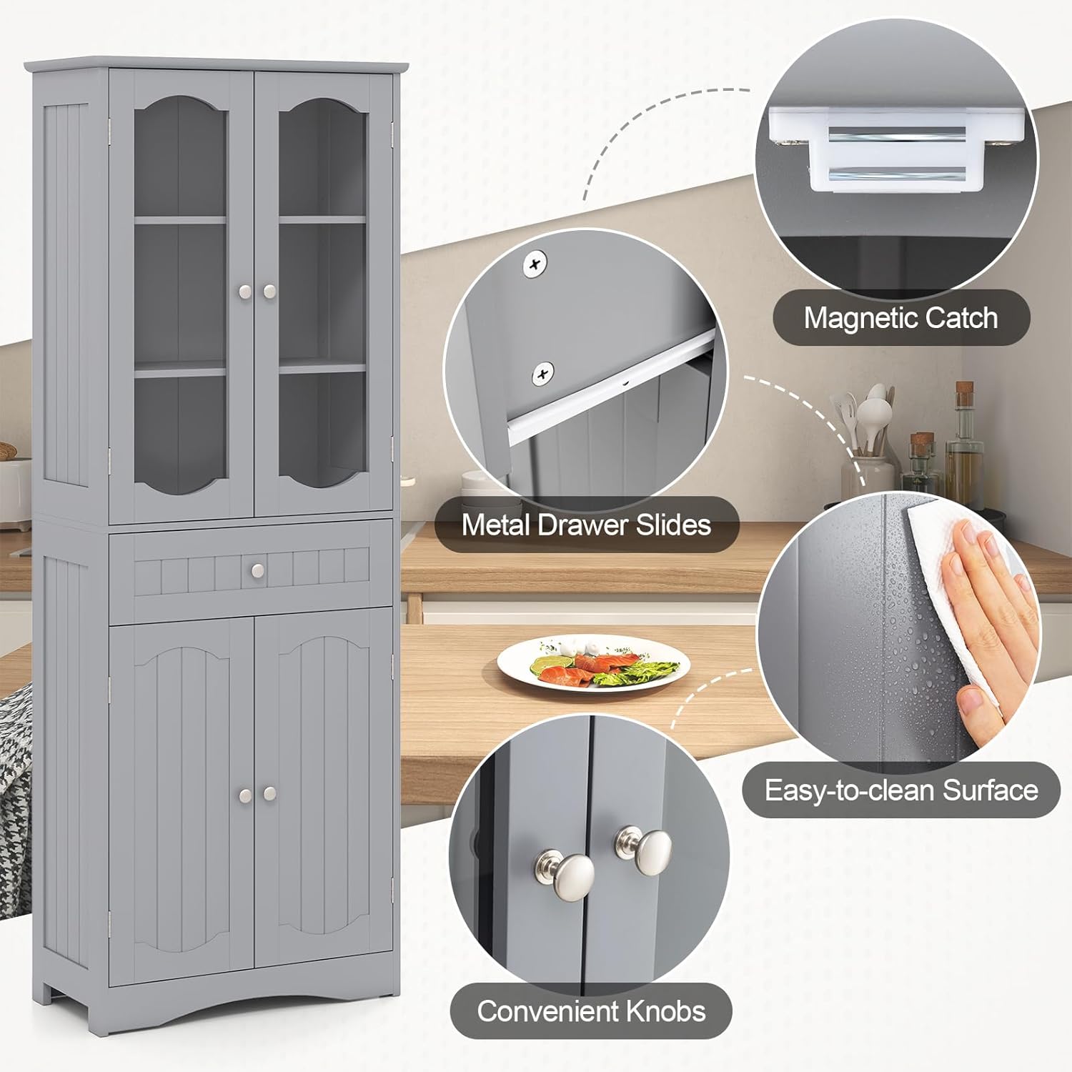 Tall Bathroom Cabinet Glass Door Drawer Shelf Unit Grey