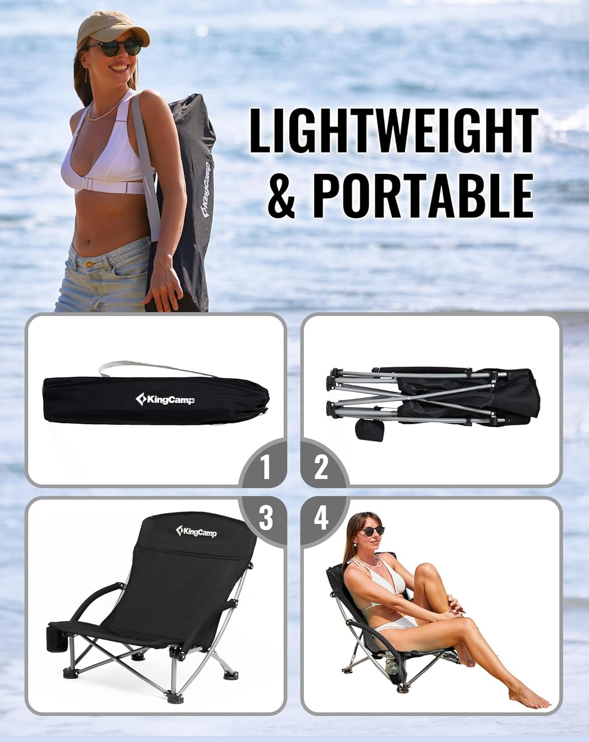 Black Low Folding Beach Chair Heavy Duty Portable Seat