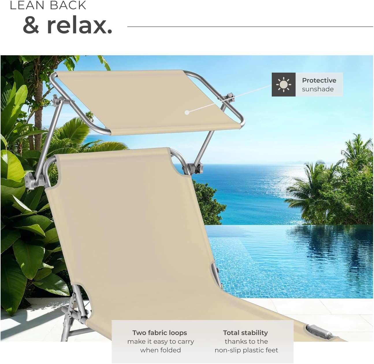 Folding Sun Lounger with Canopy Adjustable Backrest Beige