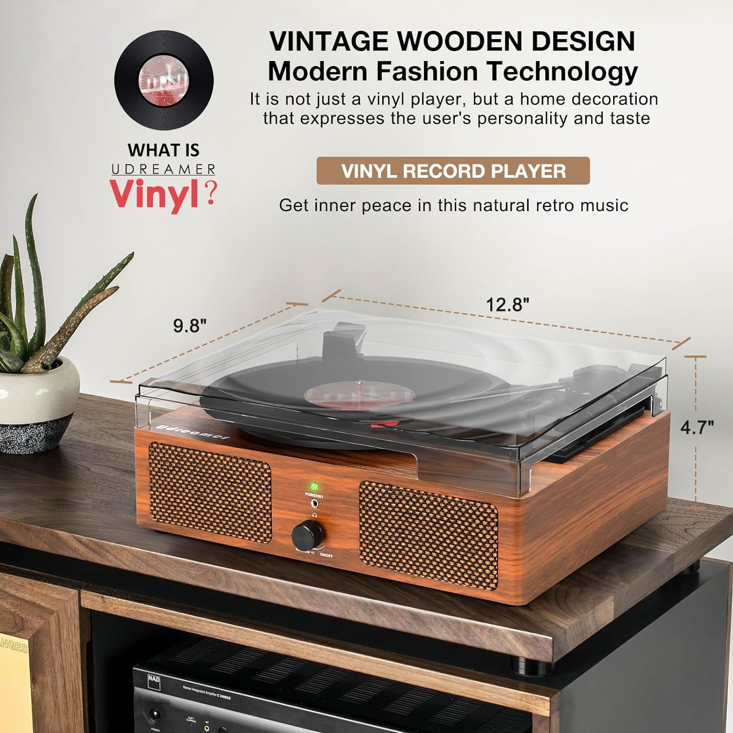 3-Speed Belt-Drive Vinyl Turntable with Built-in Speakers & USB