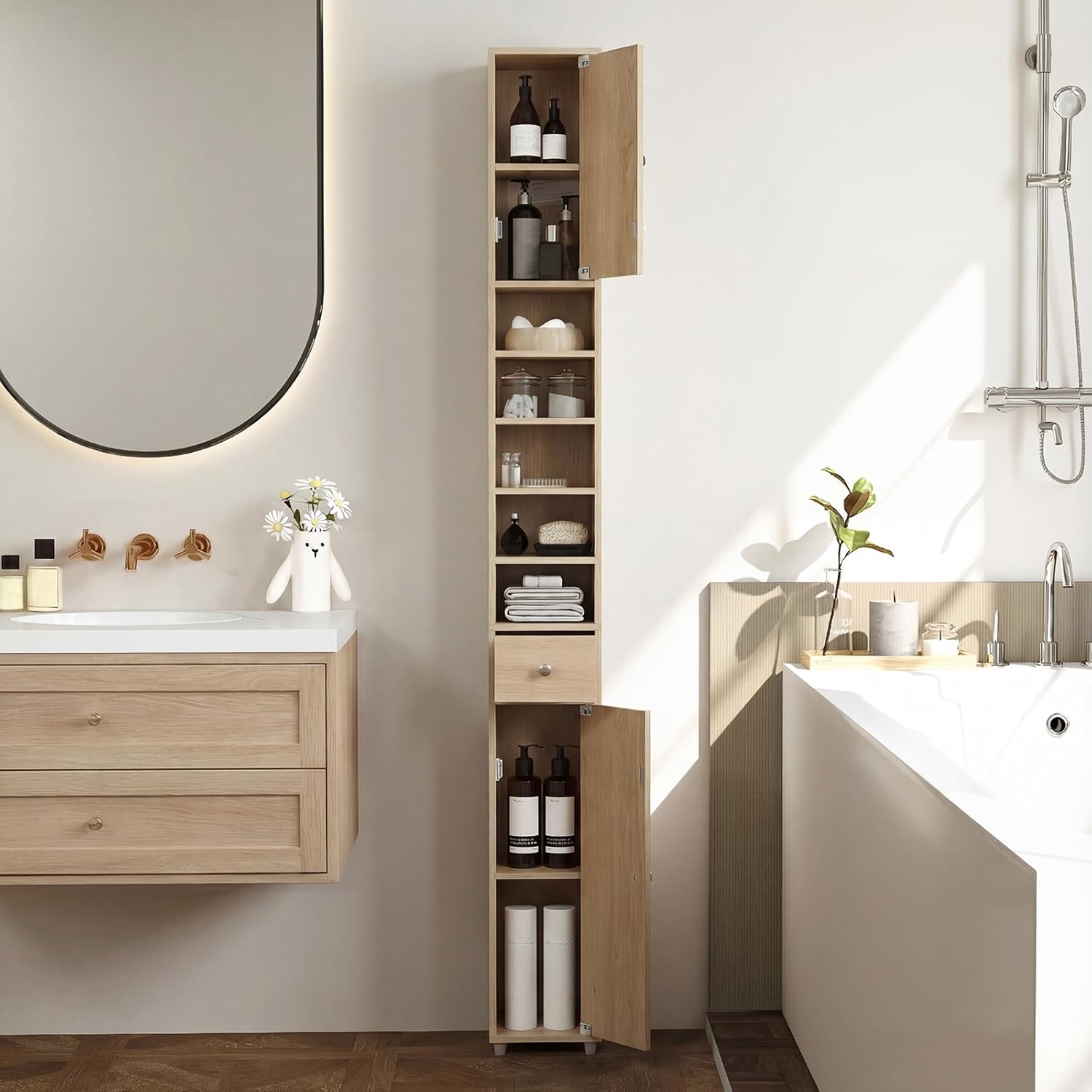 Slim Bathroom Tall Storage Cabinet Drawer Shelf Cupboard Natural