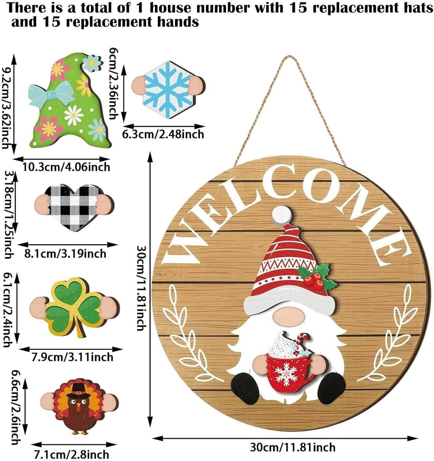 Gnome Welcome Sign Wooden Door Decor Seasonal Changeable