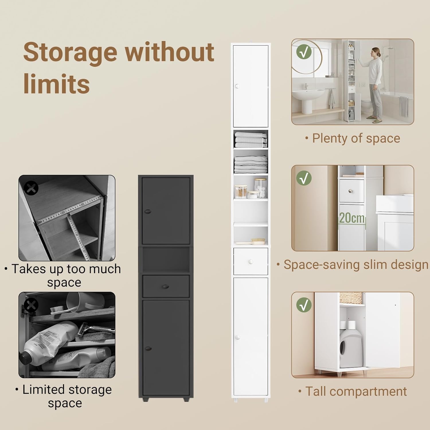 Tall Slim Bathroom Storage Cabinet 20cm Wide Drawer White 180cm