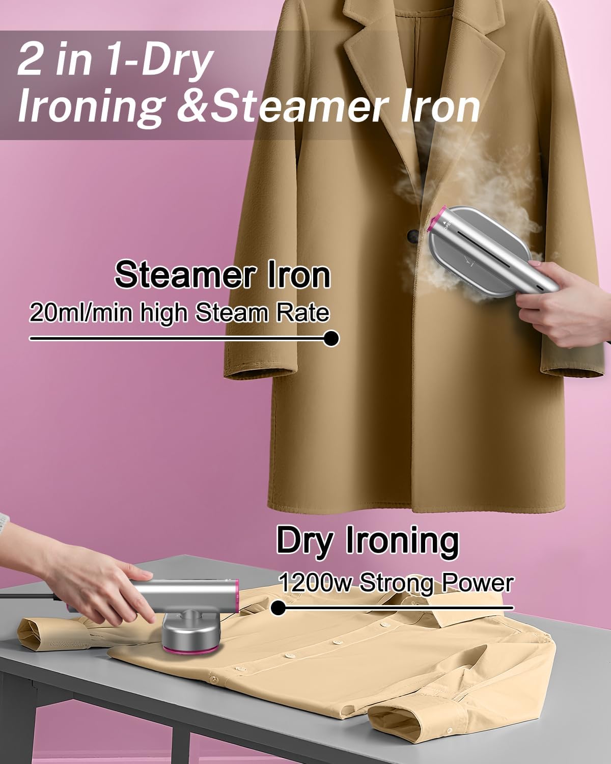 Mini Garment Steamer 1200W Fast Heat 10s 2in1 Travel Iron