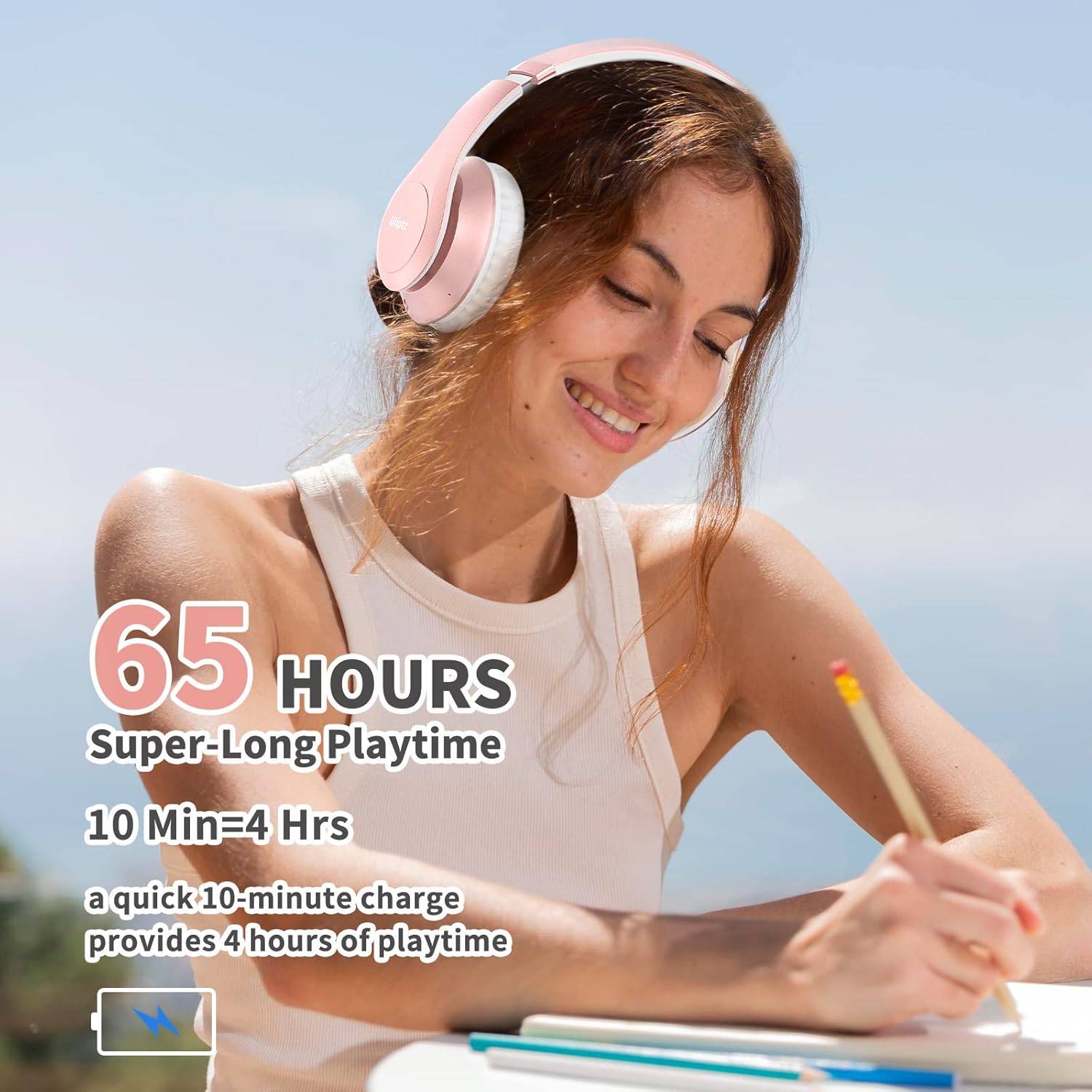 Wireless Bluetooth Over Ear Headphones 65Hr Battery 6 EQ Modes Rose Gold