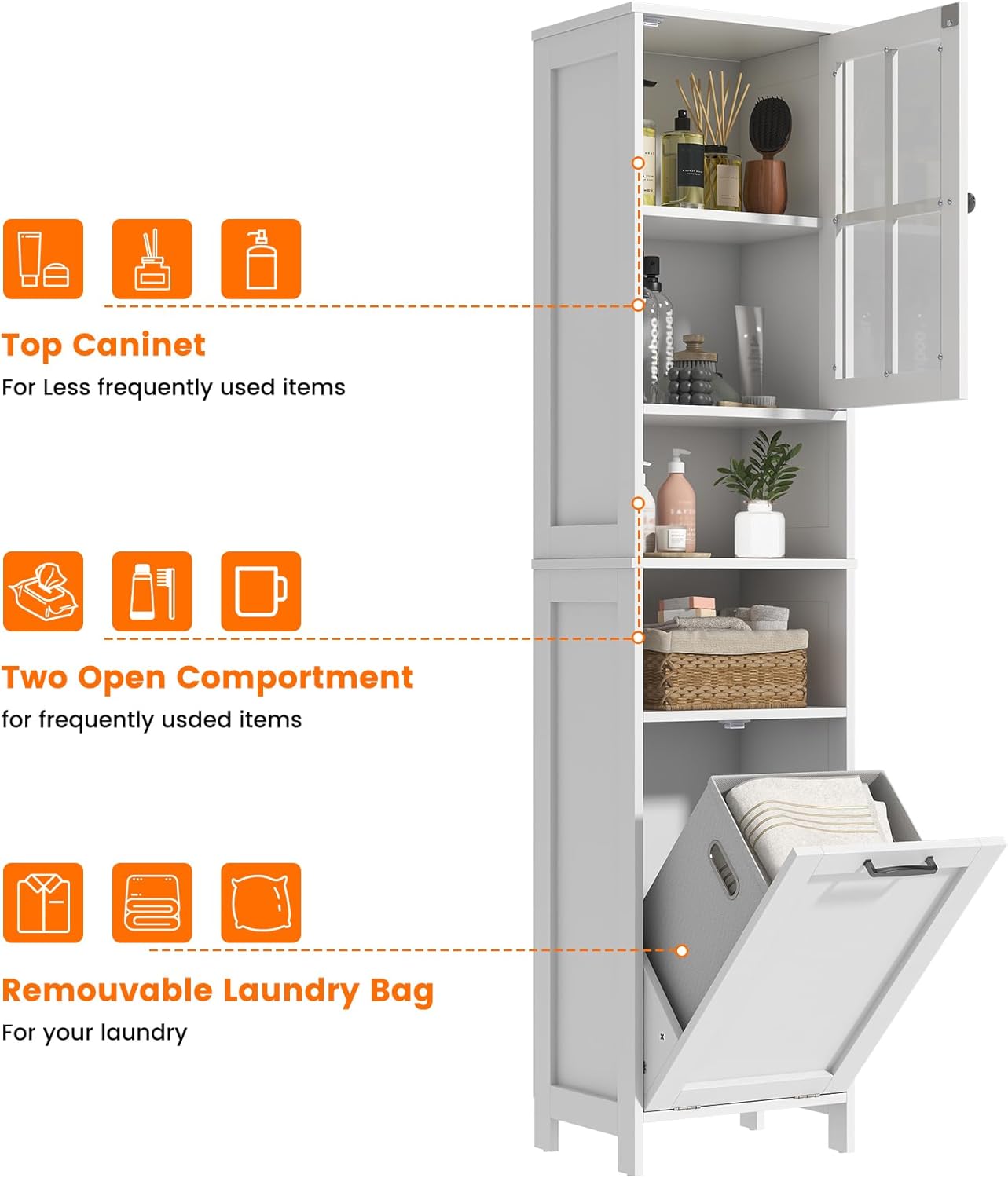 Tall Bathroom Cabinet Laundry Basket Acrylic Door White 170cm