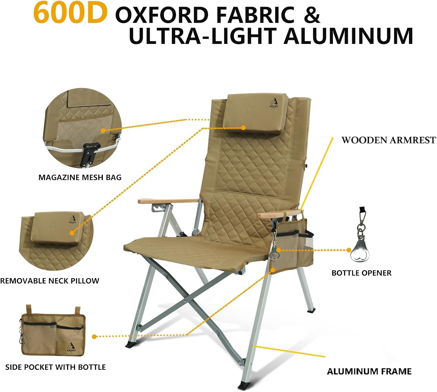 Set of 2 High Back Reclining Camping Chairs Khaki