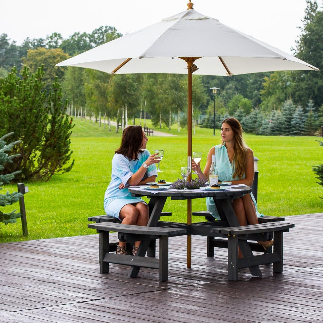 8 Seater Round Wooden Picnic Table with Benches Parasol Hole 180cm