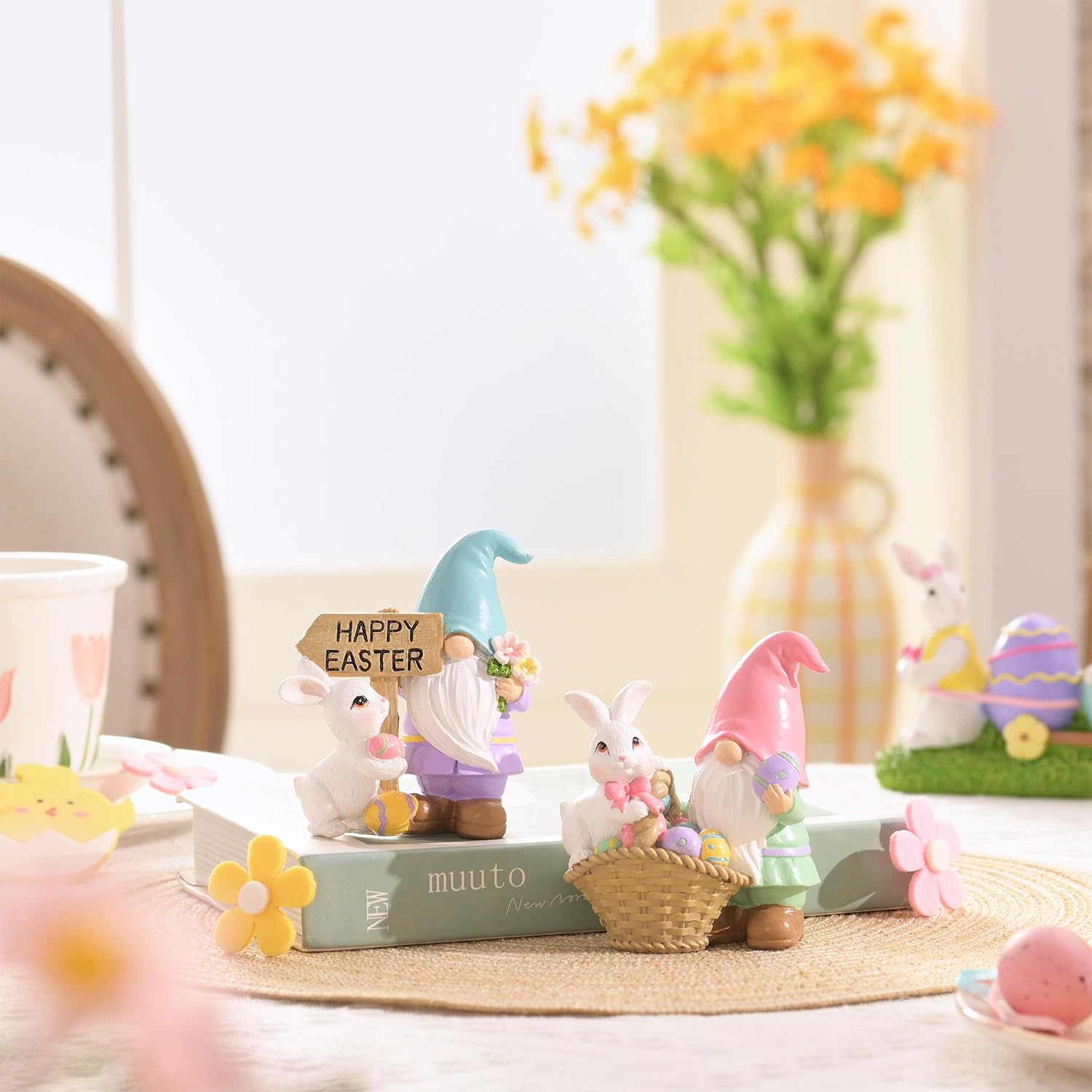 2Pcs Easter Gnome Figurines Resin Bunny Egg Spring Decor