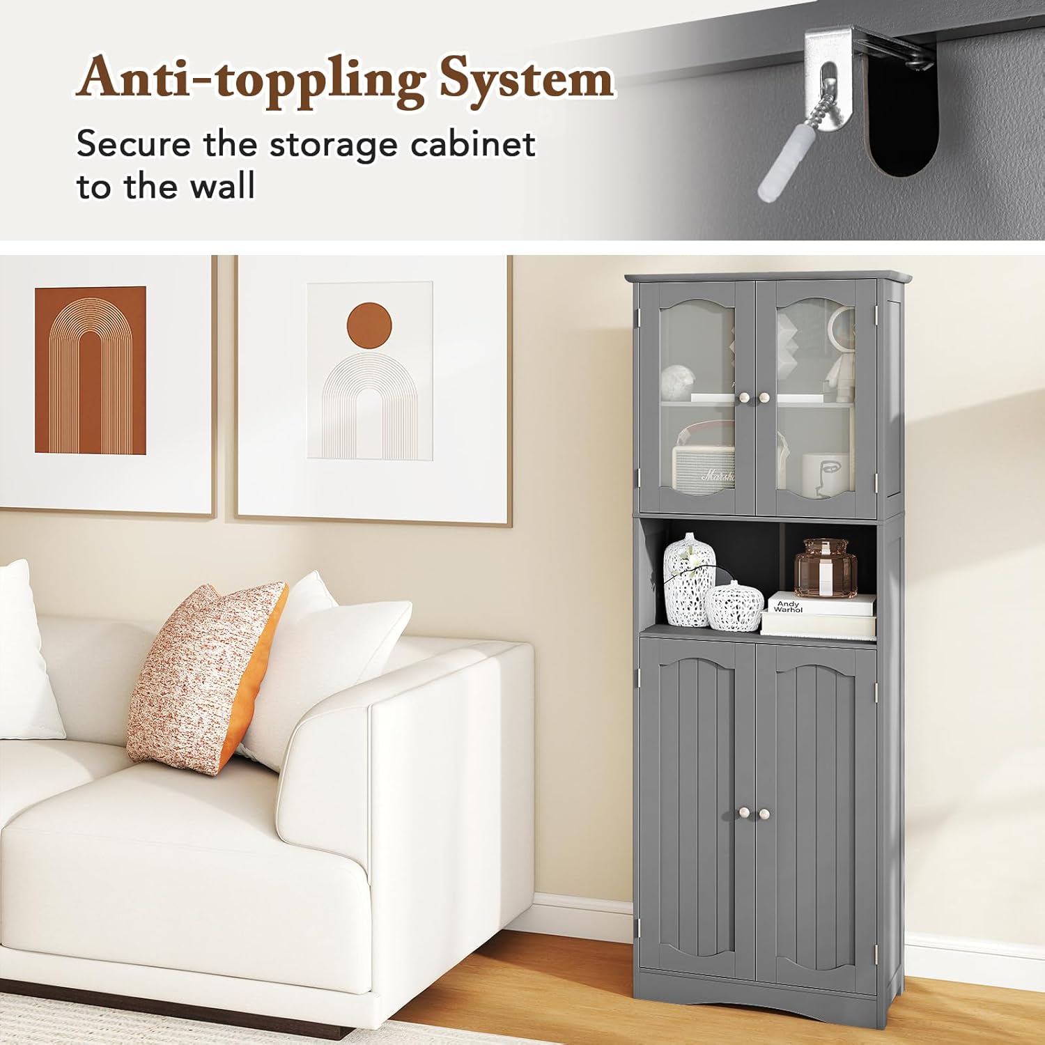 Tall Bathroom Storage Cabinet Glass Door Shelf Unit Grey