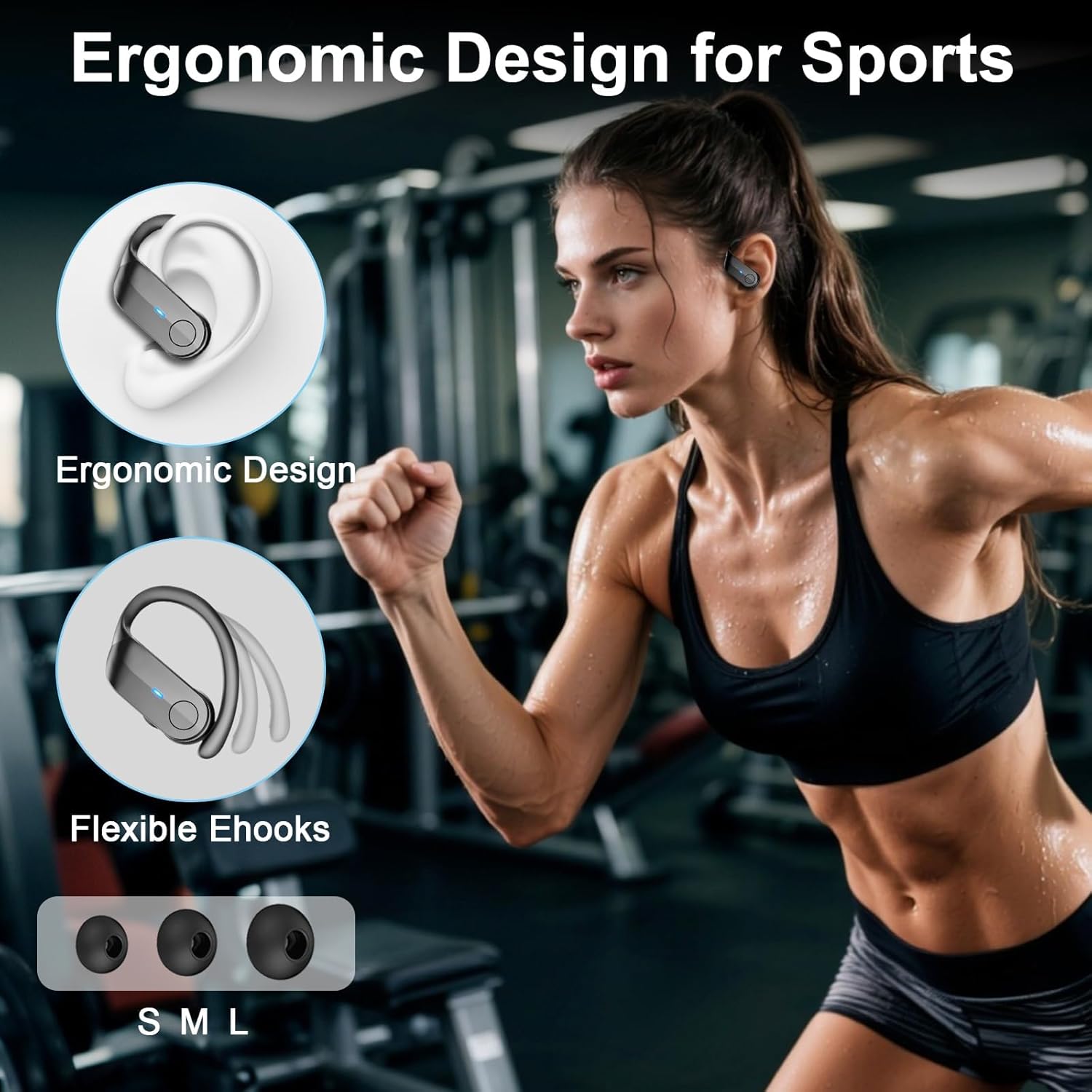 Wireless Sports Earbuds Bluetooth 5.4 70Hr Battery ENC Waterproof Black