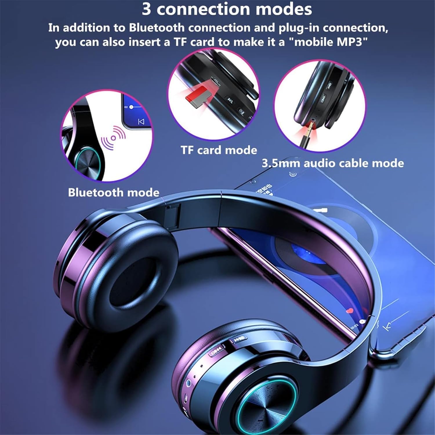 Bluetooth Over Ear Headphones Foldable Wireless Mic FM SD