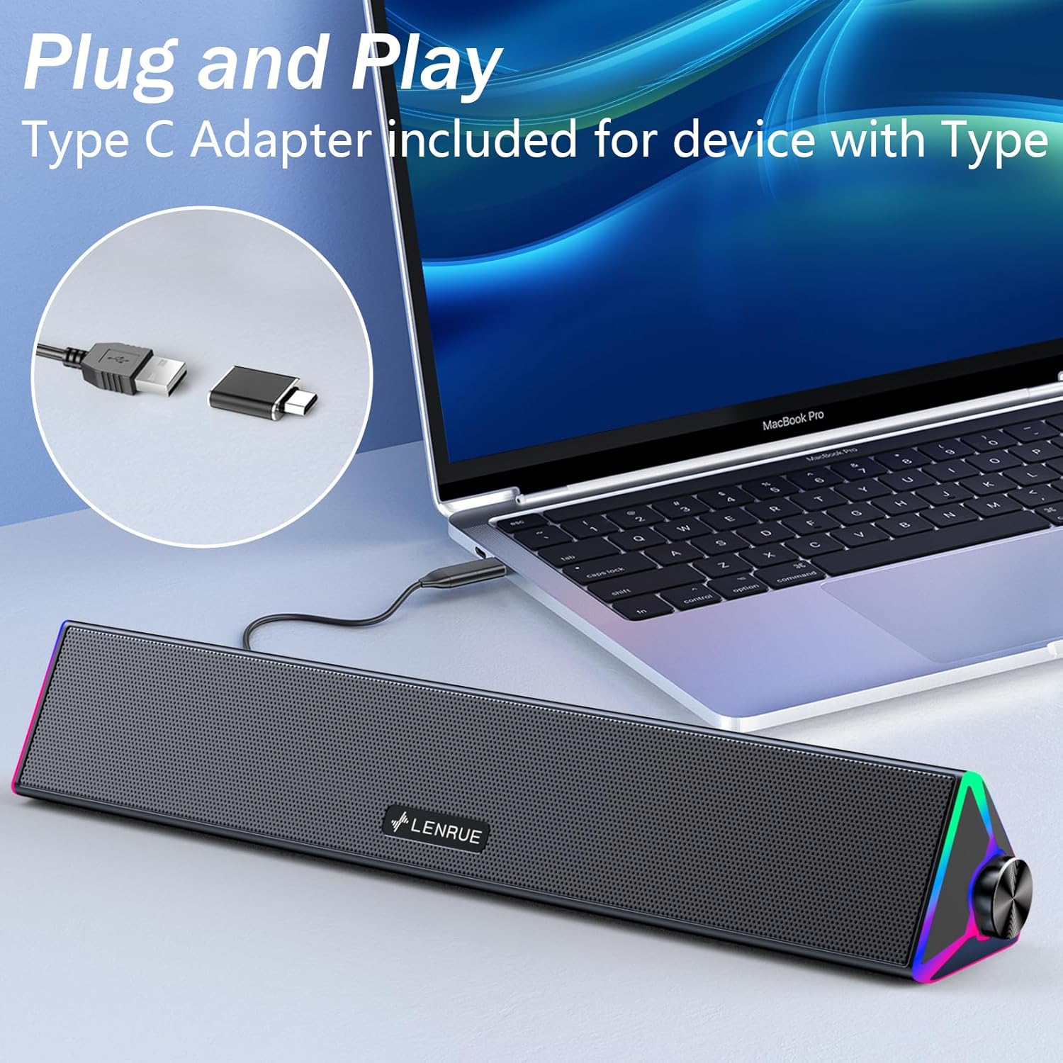 USB PC Soundbar Speakers Stereo Desktop Speaker RGB Lights