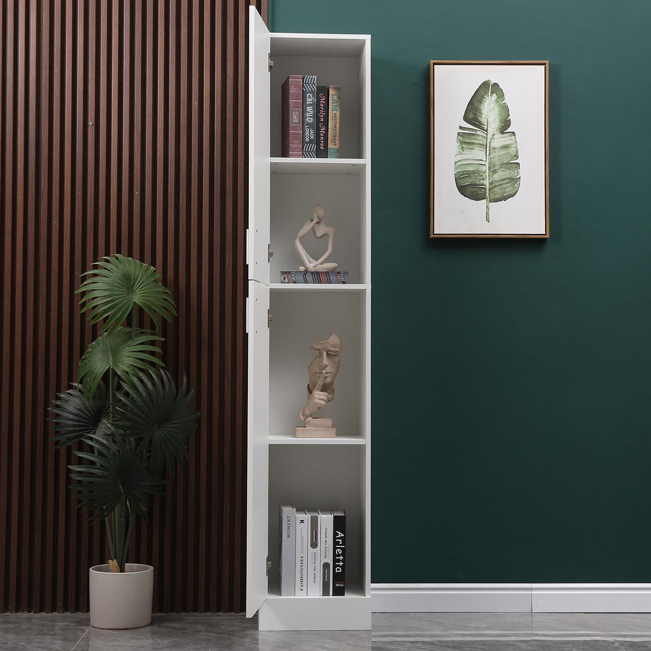 Tall Slim Storage Cabinet White High Gloss Shelves Door Unit