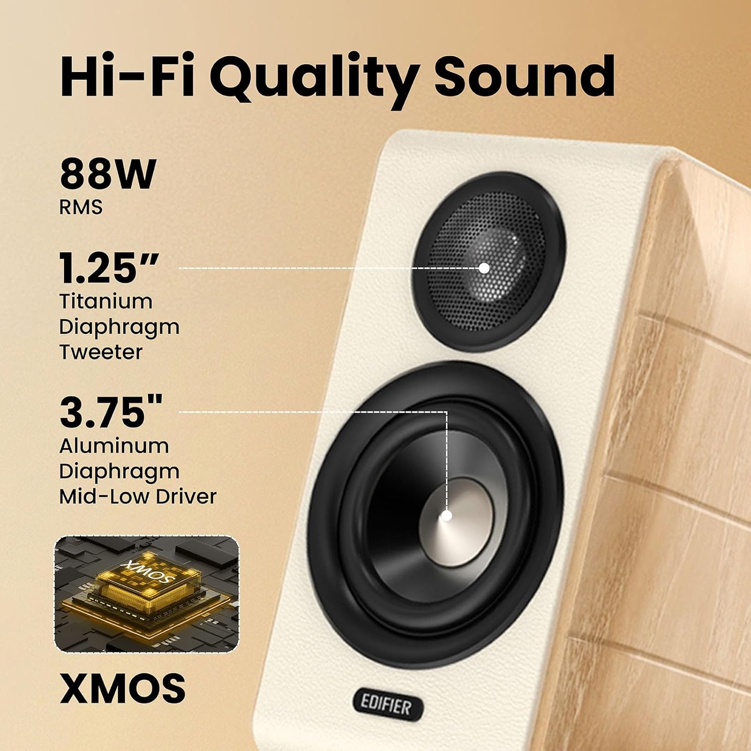 Hi Res Bookshelf Speakers 88W Bluetooth 5.3 Studio Monitor USB C