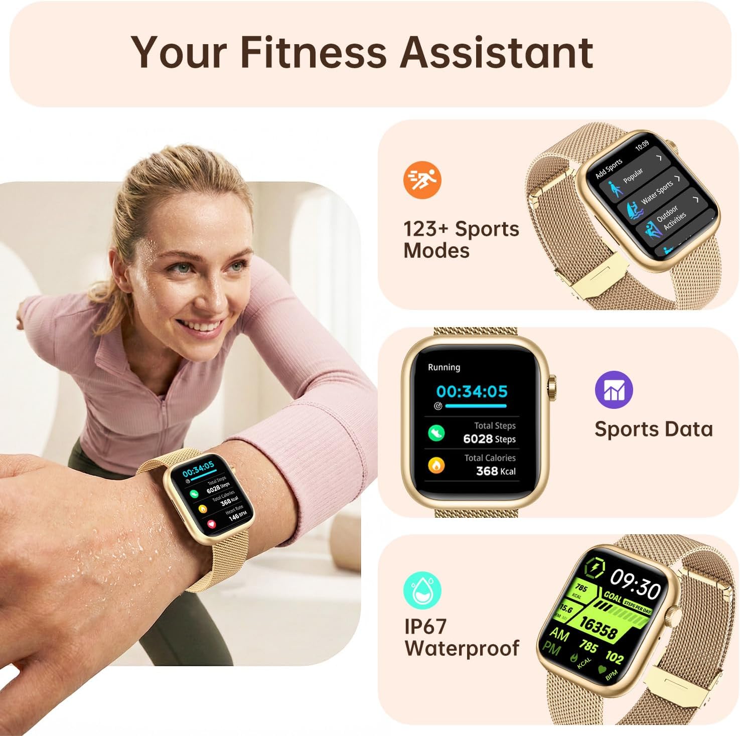 Women Smart Watch Call Fitness Tracker 3 Strap Gold