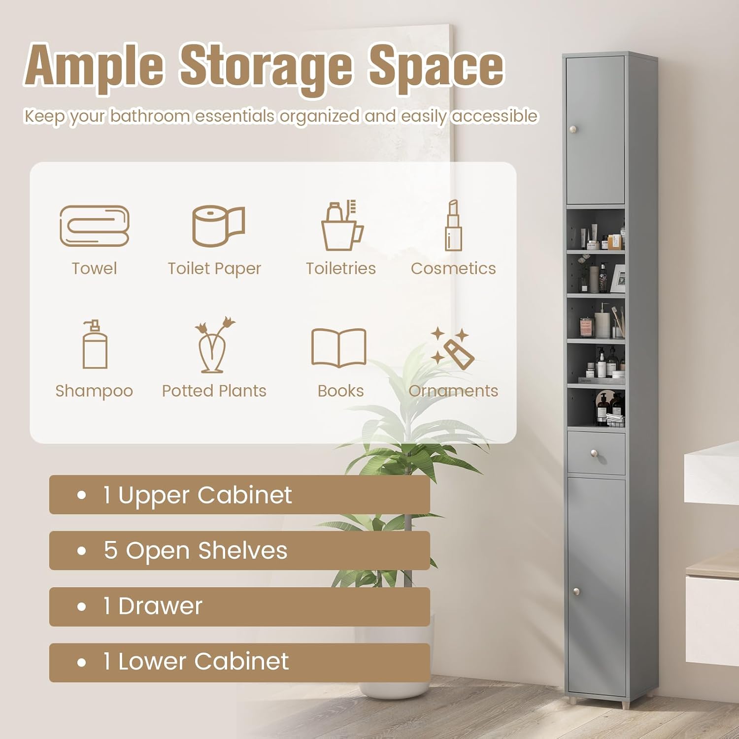 Tall Slim Storage Cabinet Grey Drawer Adjustable Shelf Unit
