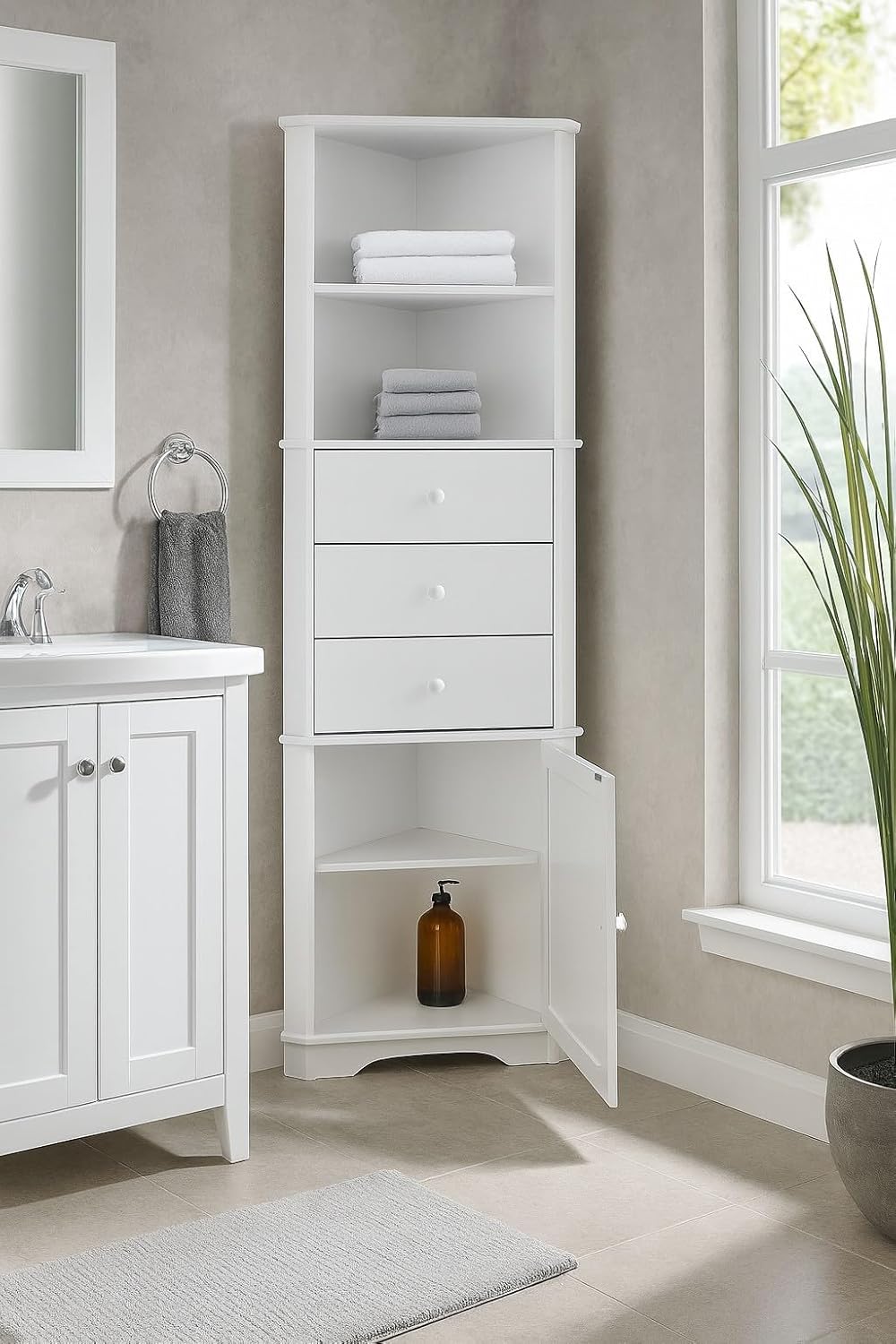 Corner Tall Bathroom Cabinet White Drawer Shelf Unit