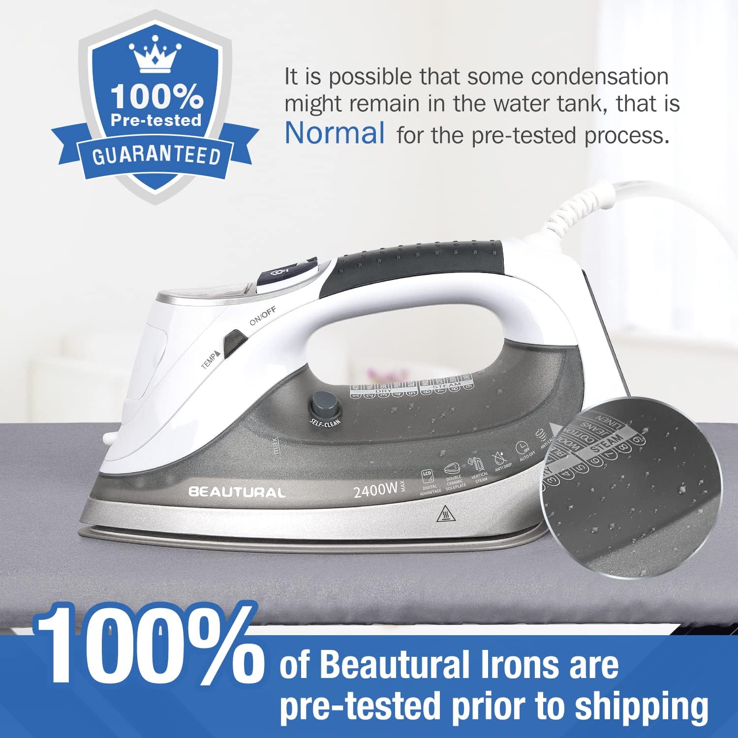 2400W Steam Iron LCD Display Ceramic Soleplate 340ml Tank