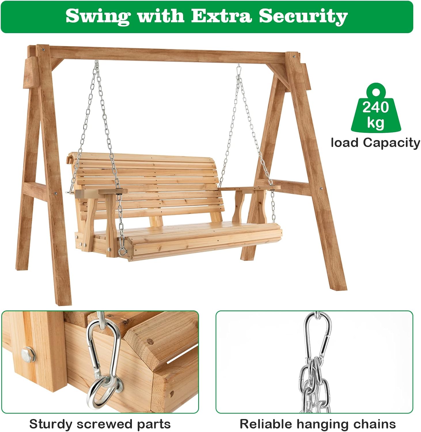 2 Seater Wooden Porch Swing Chair Fir Bench Cup Holders 240kg