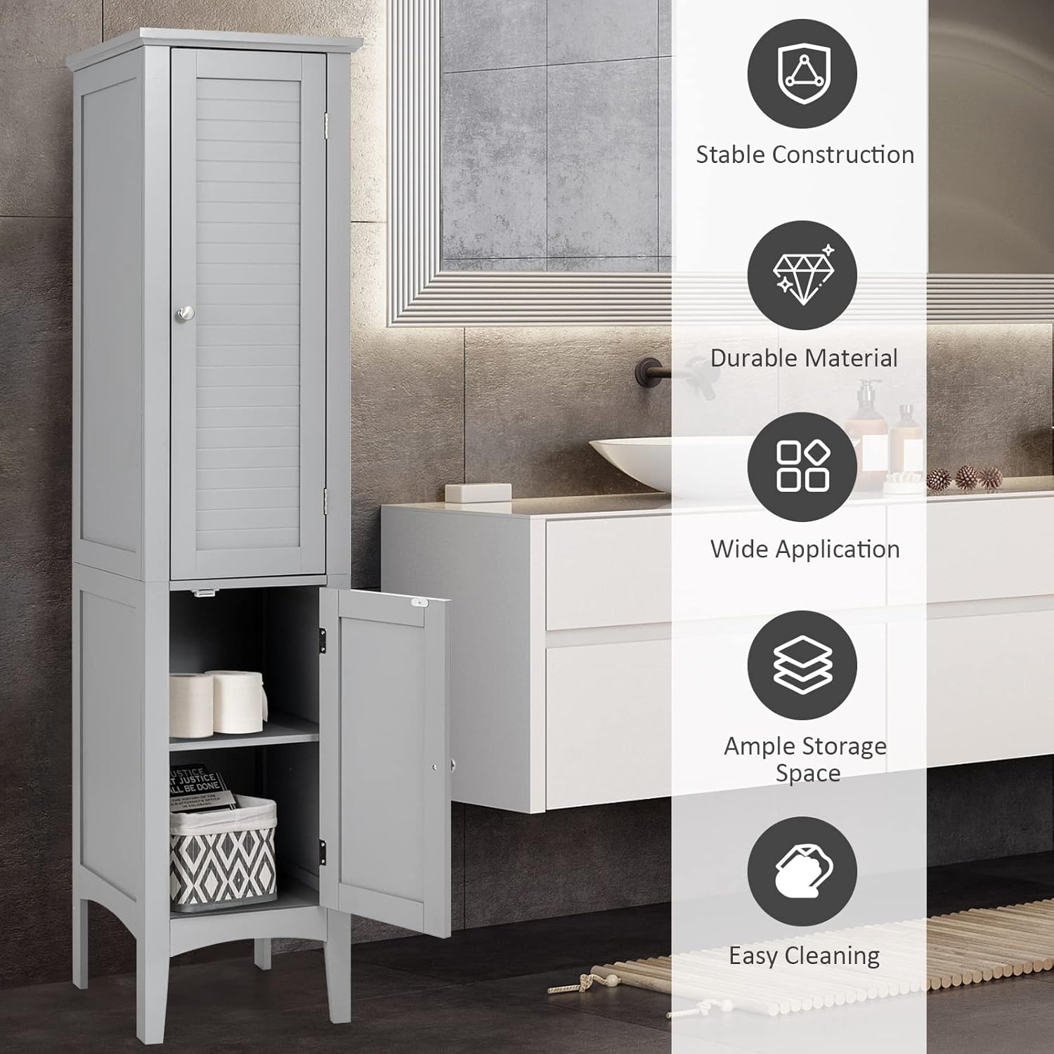 Slim Bathroom Tall Cabinet 2 Door 5 Tier Shelf Unit Grey