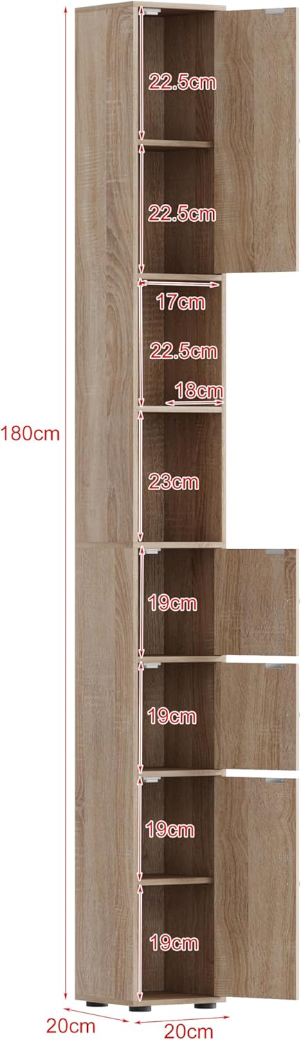 Tall Slim Bathroom Storage Cabinet 4 Doors Maple 180cm