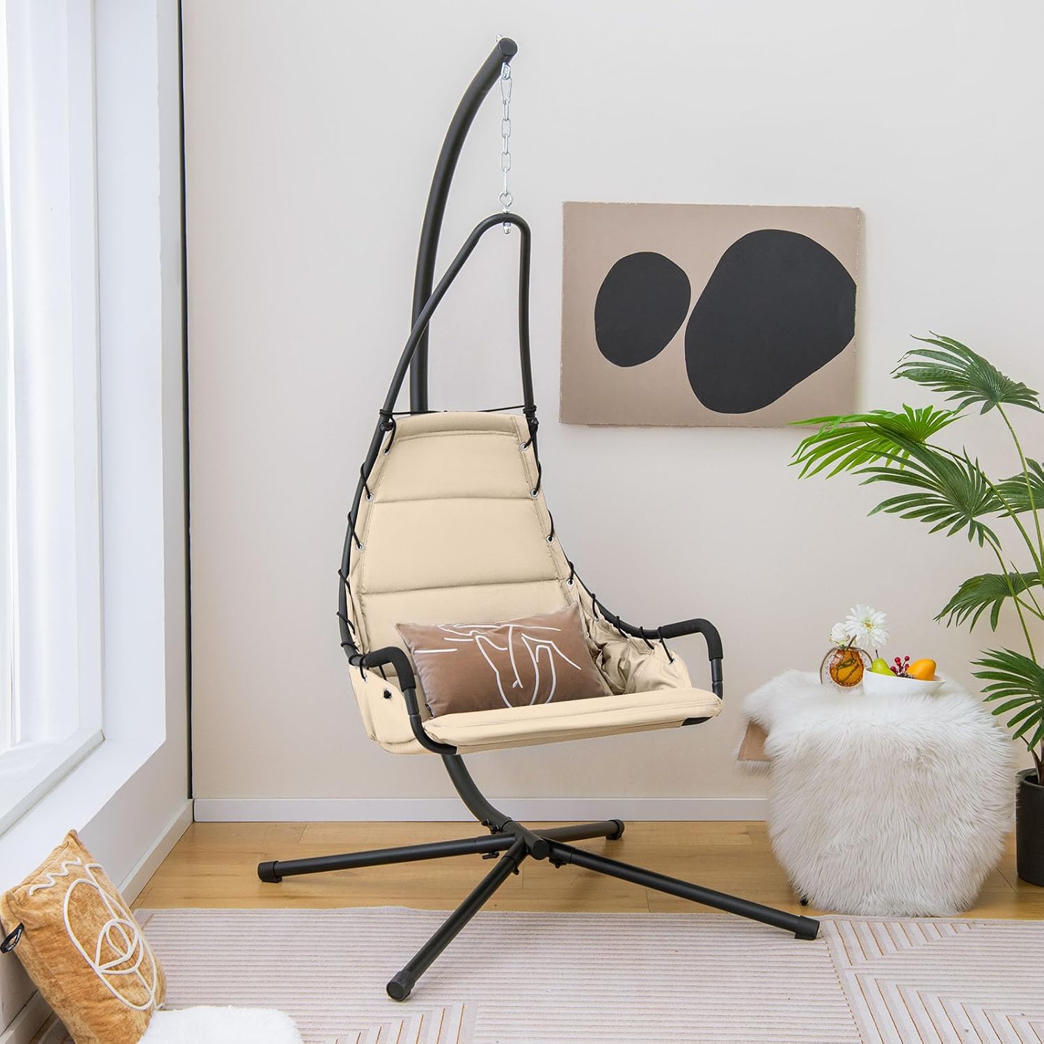Hammock Swing Chair with Stand Beige Padded Seat Metal