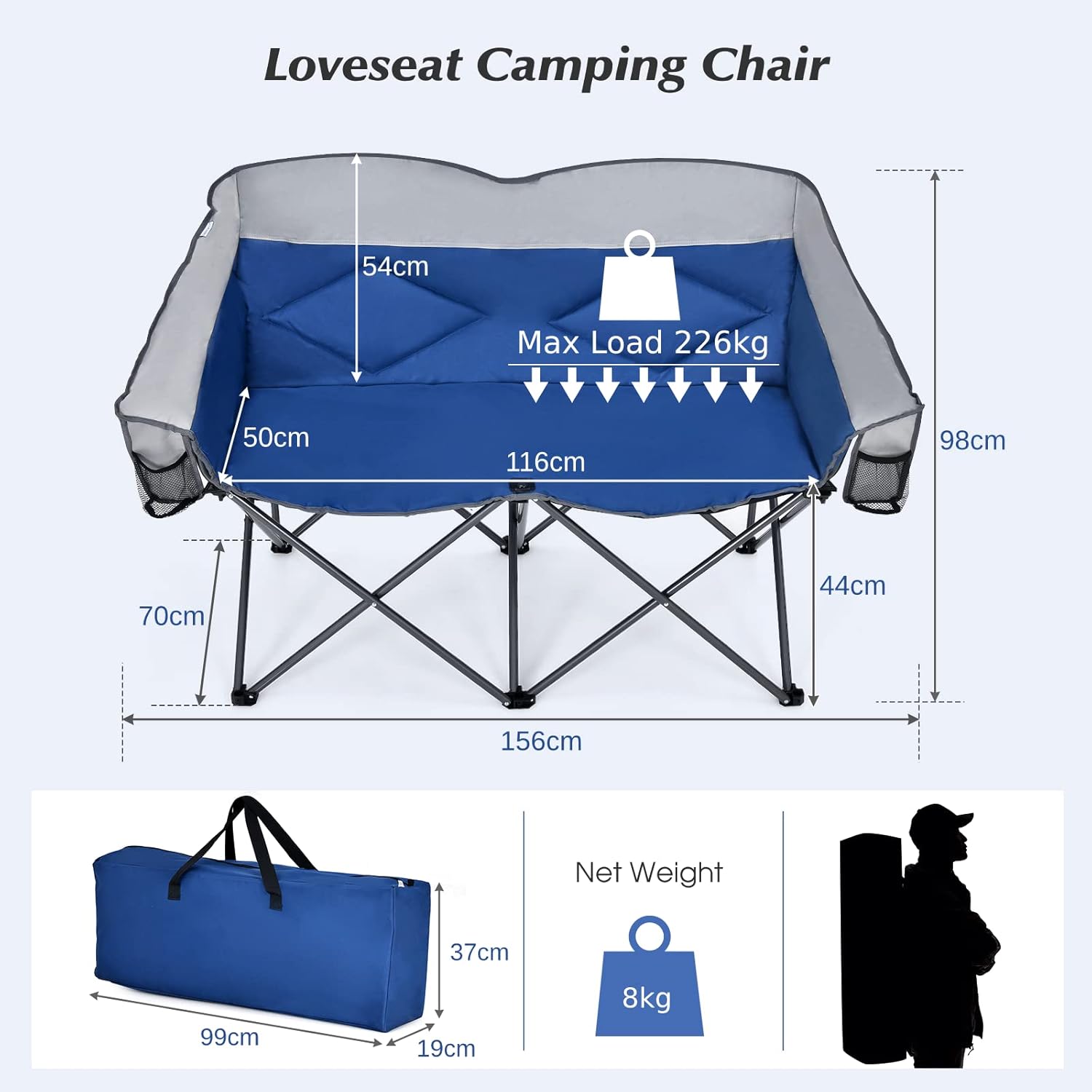 Double Camping Loveseat Chair with 2 Storage Pockets Blue