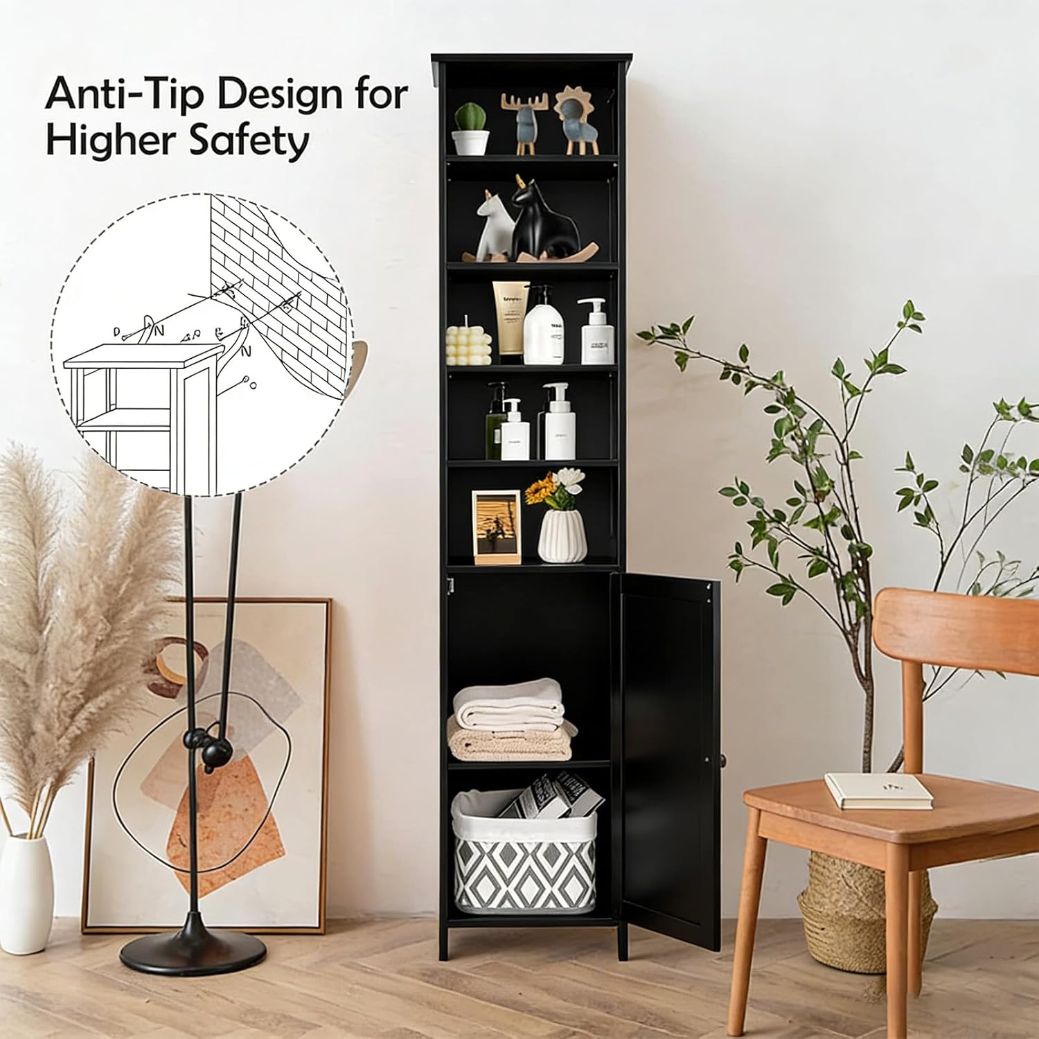 Slim Tall Bathroom Storage Cabinet 5 Shelf Cupboard Black