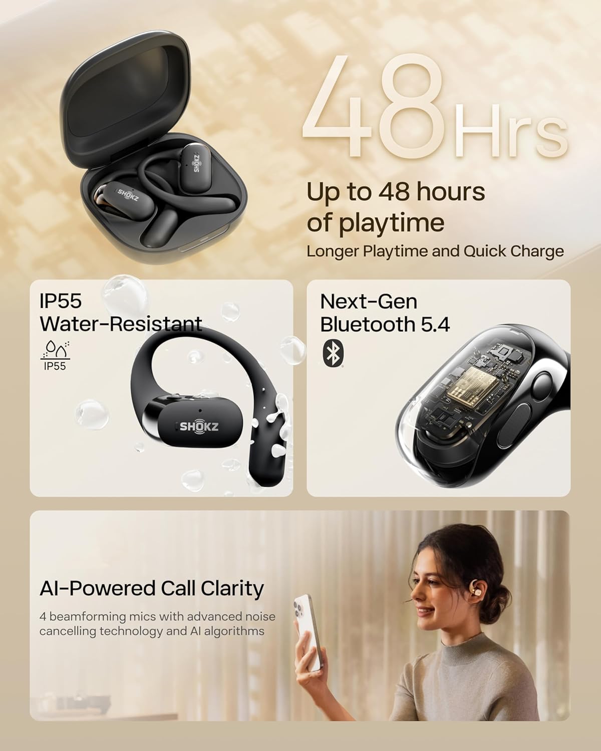 Open Ear Wireless Earbuds Earhook Bluetooth 48H Playtime IP55