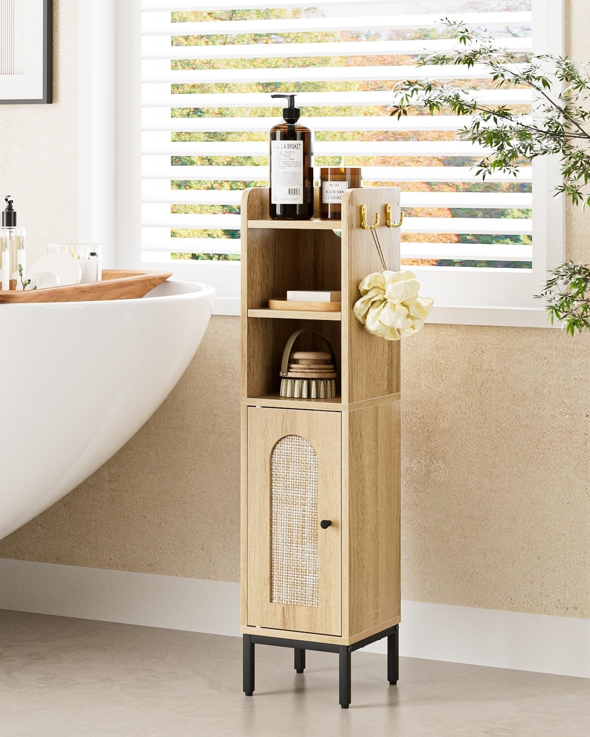 Slim Tall Bathroom Storage Cabinet Waterproof Oak Rattan Unit
