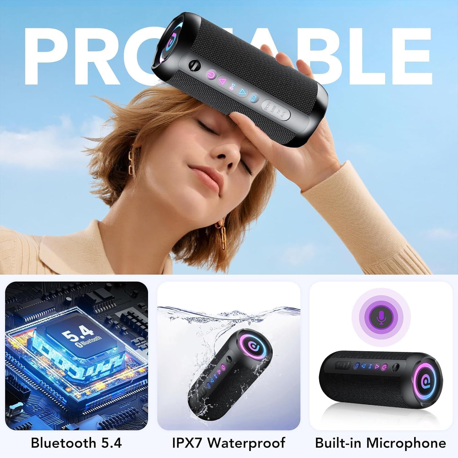 Portable Bluetooth Speaker 30W Stereo Waterproof RGB Lights