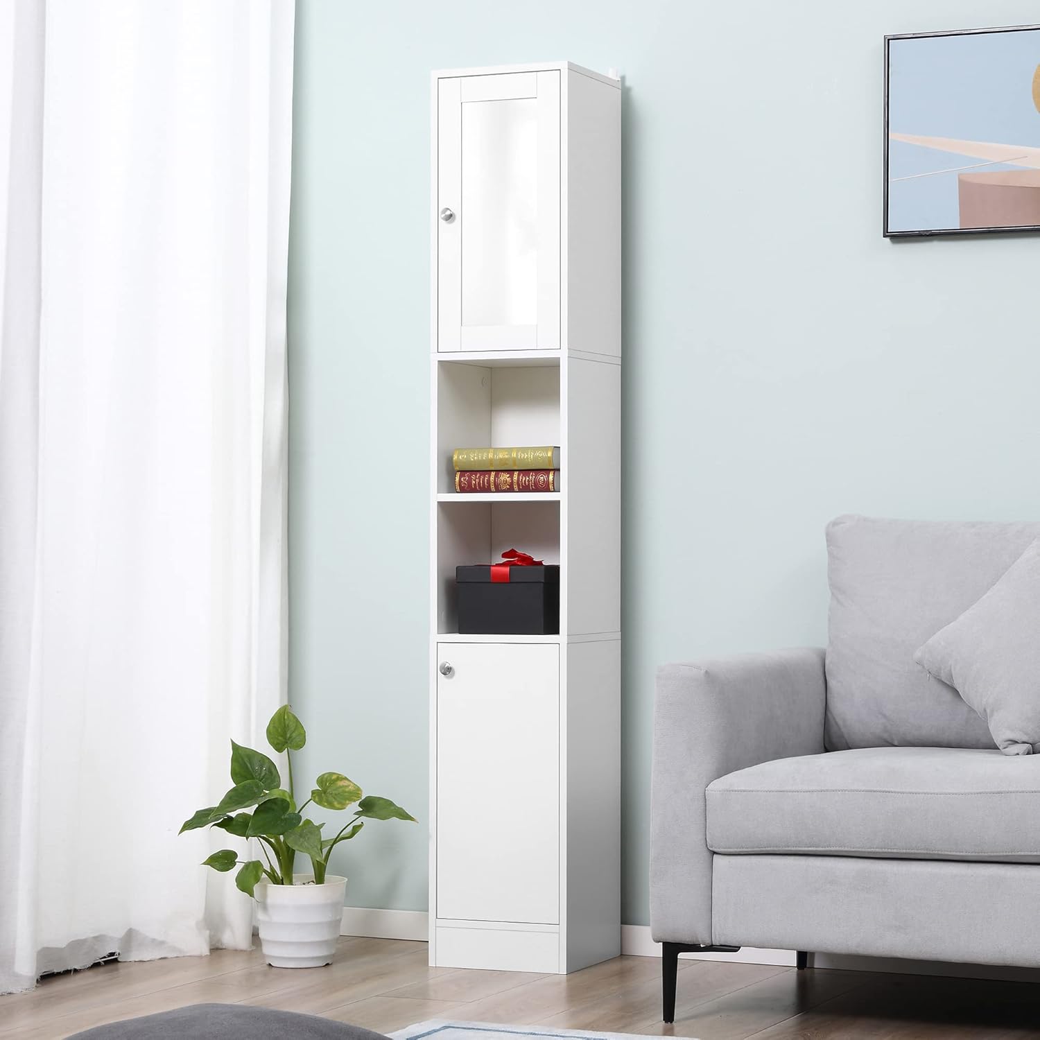 Tall Bathroom Storage Cabinet with Mirror Adjustable Shelves White