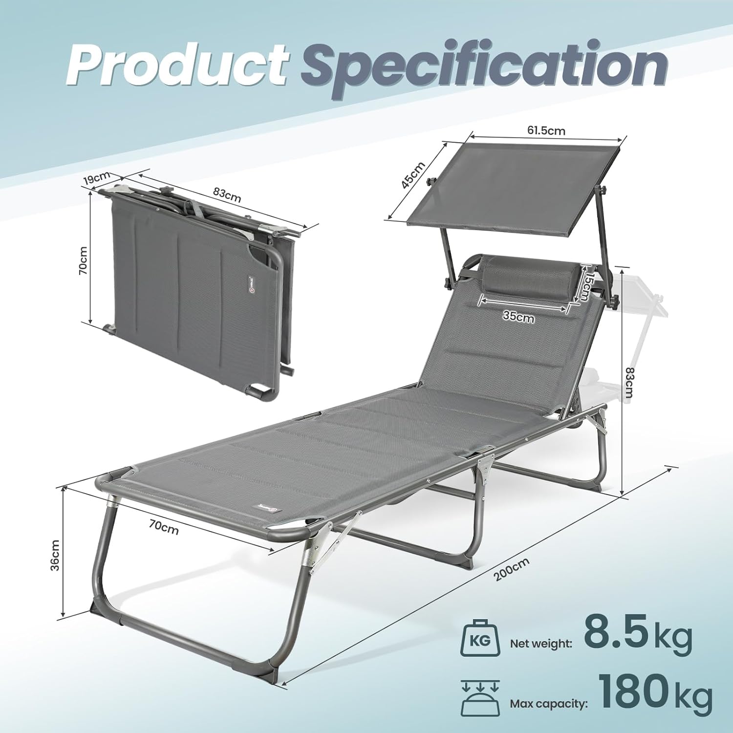 XXL Aluminium Sun Lounger with Sun Roof Adjustable Grey 200x70cm