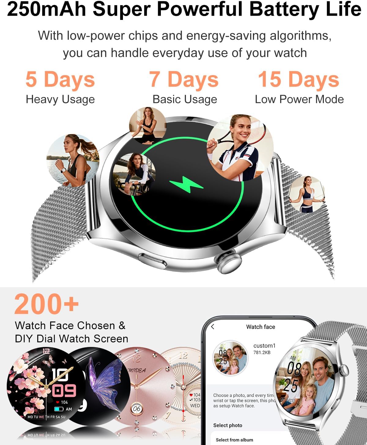 Silver Womens Smart Watch Bluetooth Calls Fitness