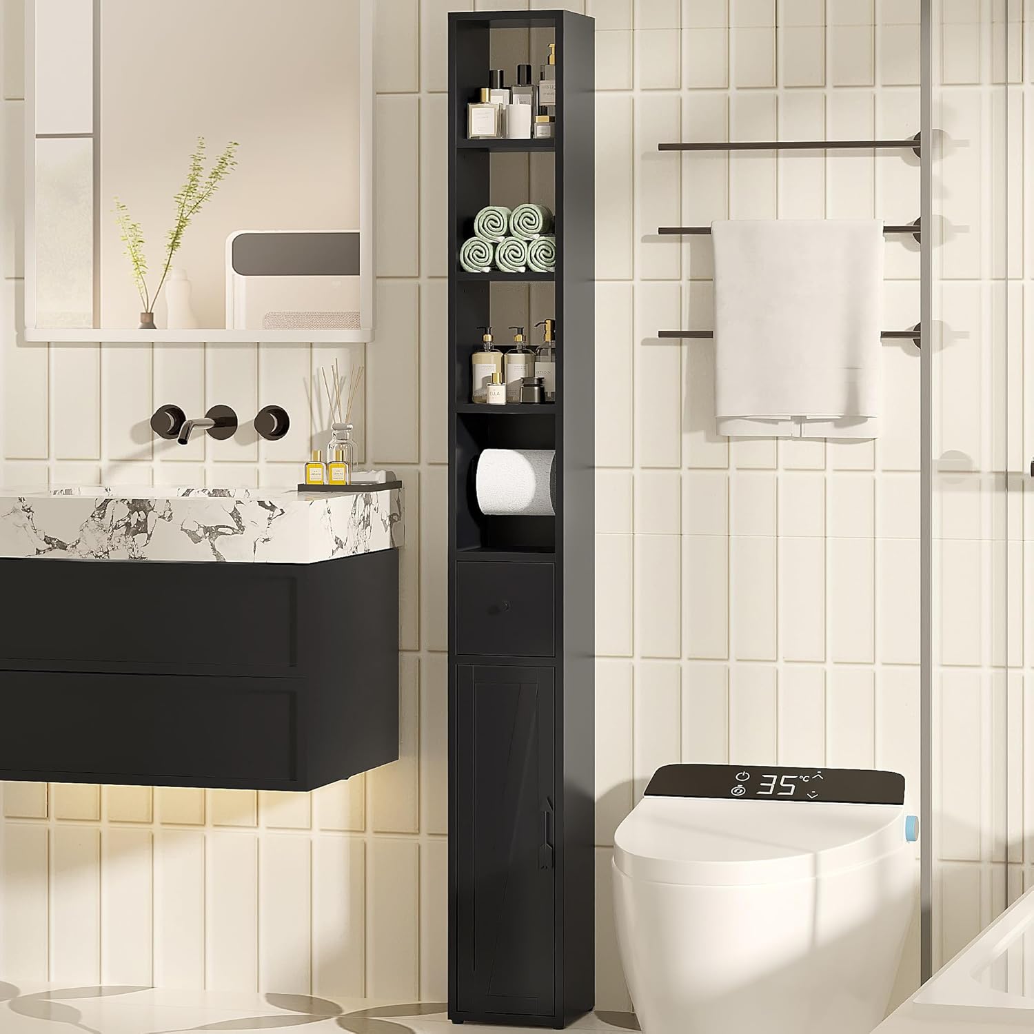 Slim Tall Bathroom Cabinet Black Adjustable Shelf Tissue Holder