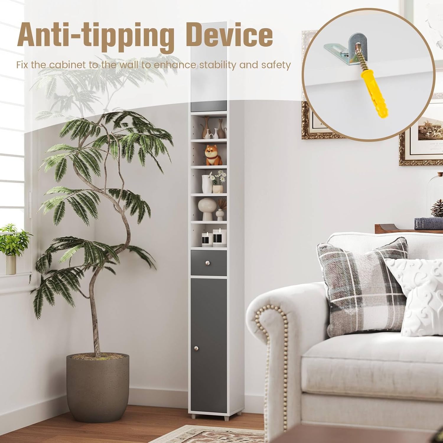 Tall Slim Storage Cabinet Grey White Drawer Shelf Unit