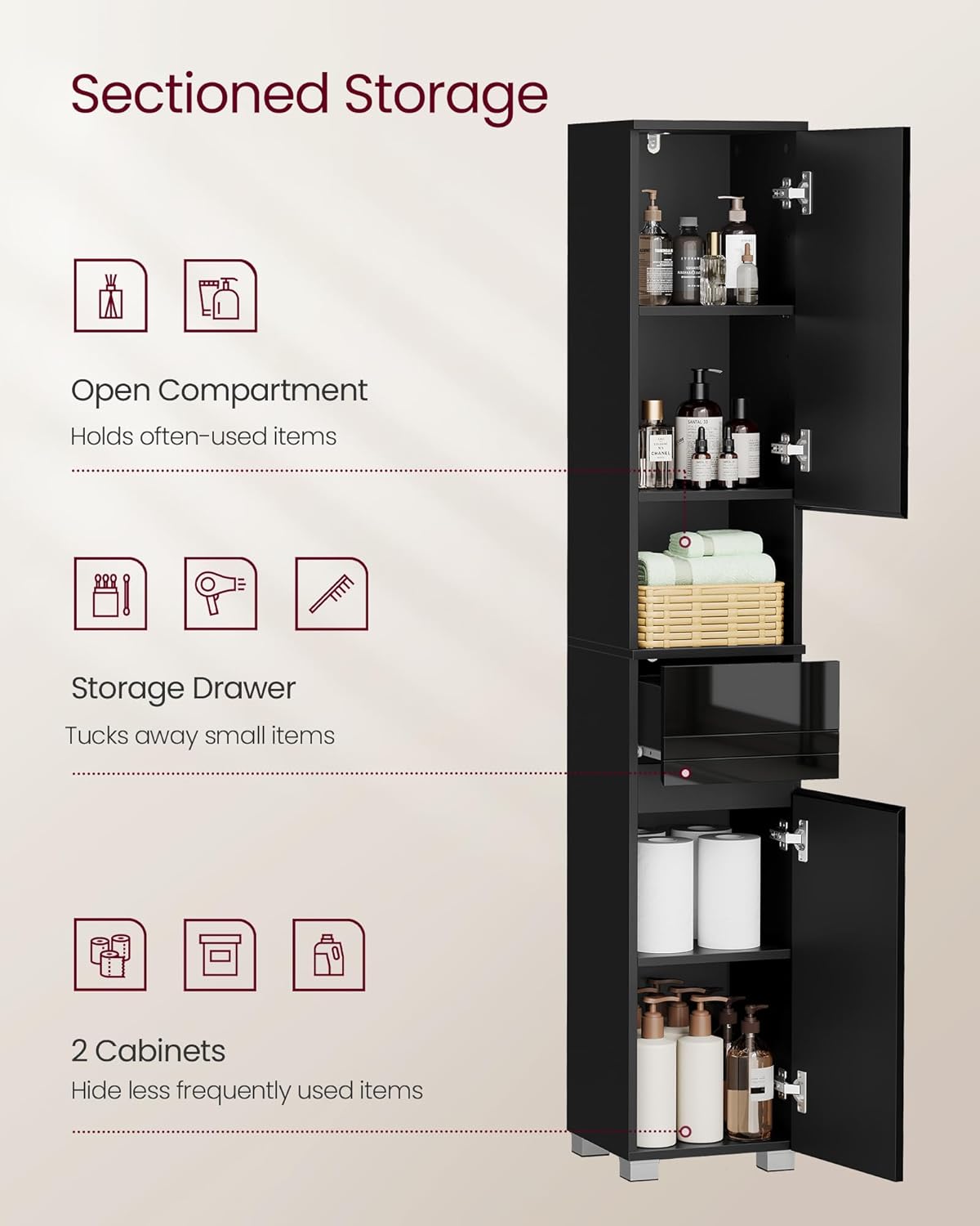 Tall Slim Bathroom Storage Cabinet Drawer Adjustable Shelves Black 170cm